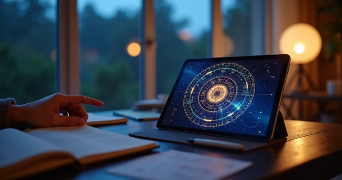 Astrologer interpreting a digital natal chart on a tablet